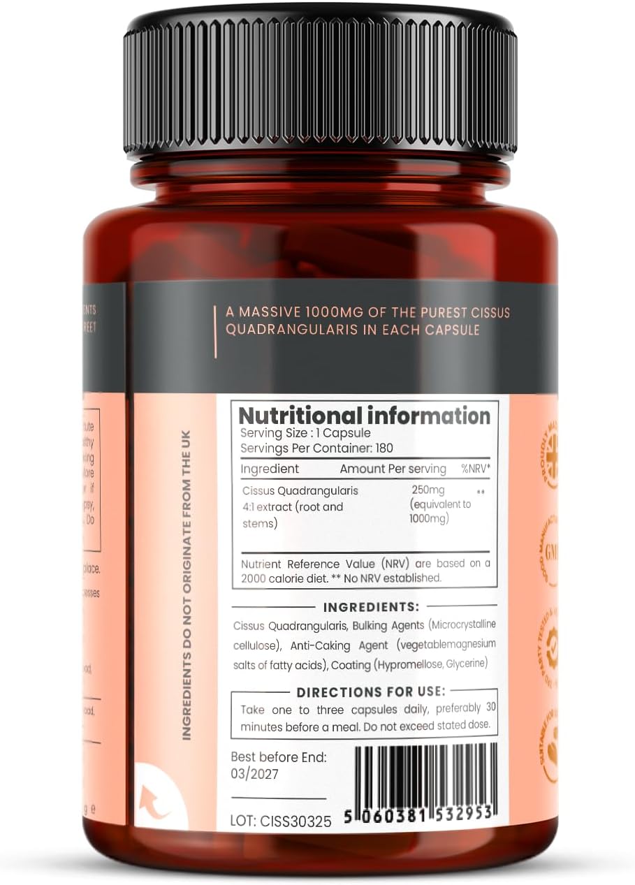 180 Double Strength Cissus Quadrangularis 1000mg Veggie Capsules by pureclinica