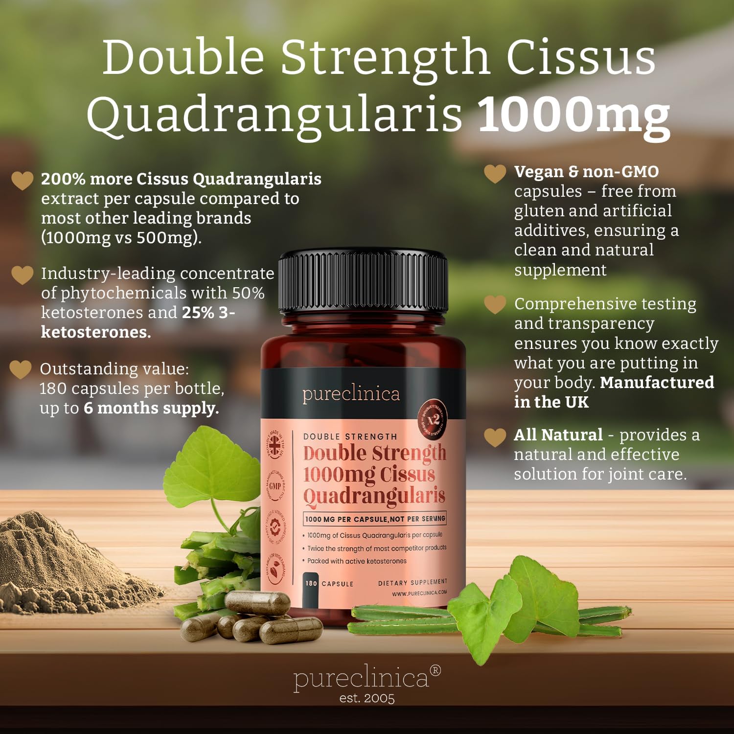 180 Double Strength Cissus Quadrangularis 1000mg Veggie Capsules by pureclinica