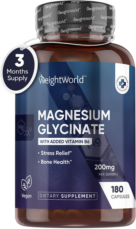 180 High Absorption Magnesium Glycinate Capsules with Vitamin B6 - Vegan & Gluten-Free Supplement