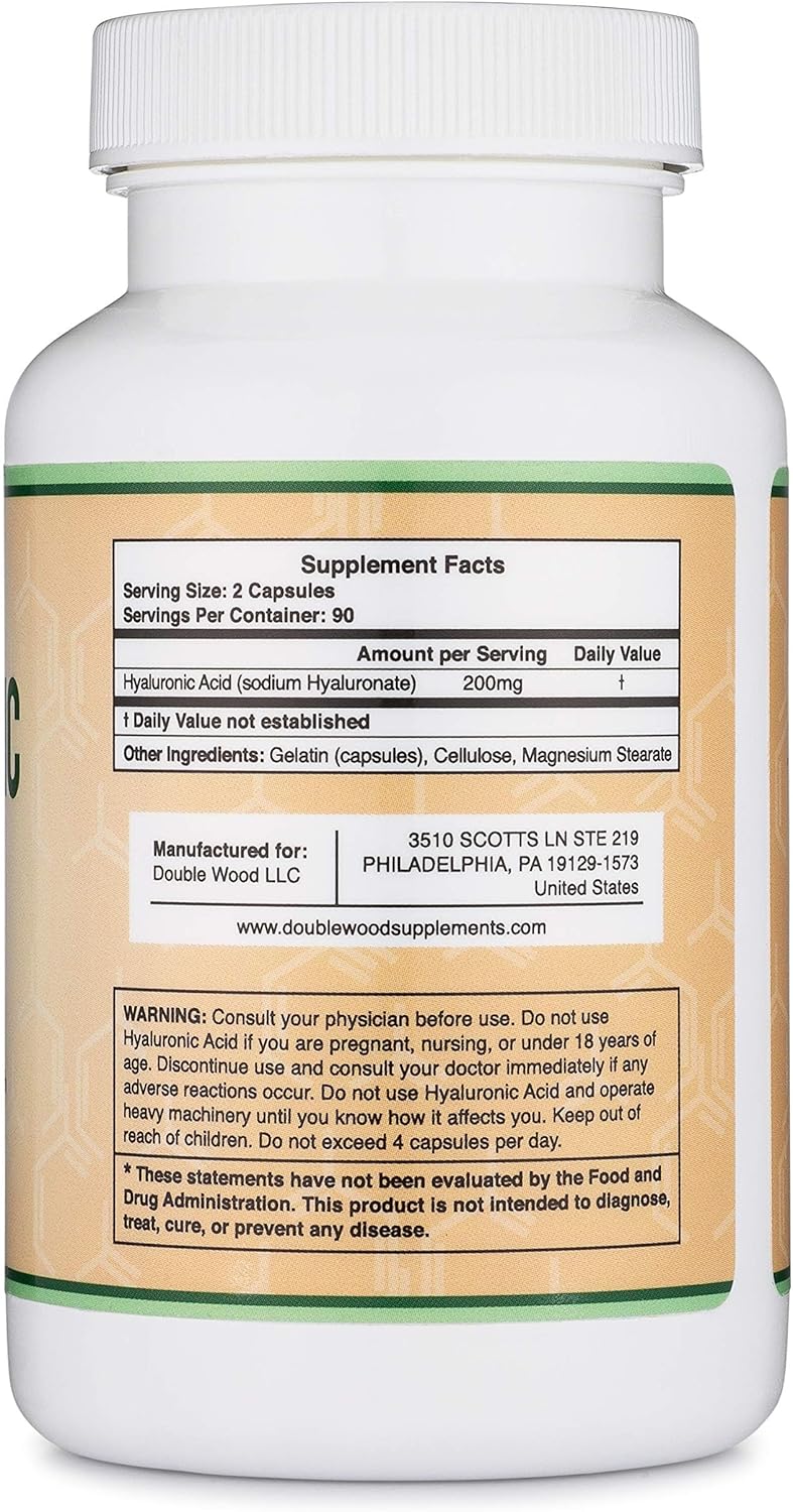 180 Hyaluronic Acid Capsules - 200mg per Serving for Skin and Face Aging Support - Gluten Free Supplement by Double Wood