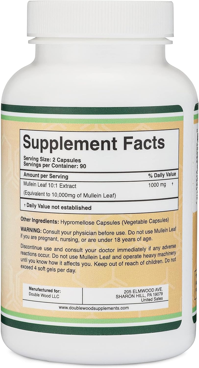 180 Mullein Leaf Capsules - 10,000mg Strength (10:1 Extract) - Lung & Respiratory Health - Vegan-Friendly - No Fillers - Double Wood