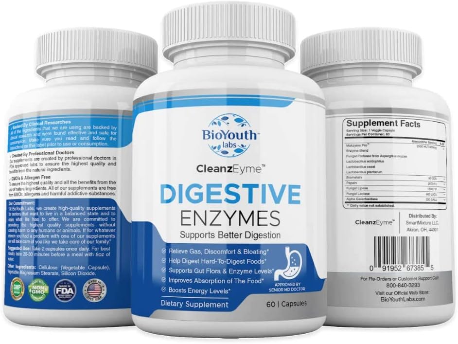 180 Natural Digestive Enzymes & Probiotic Capsules for Digestive Health - BioYouth Labs Supplement for Adults.