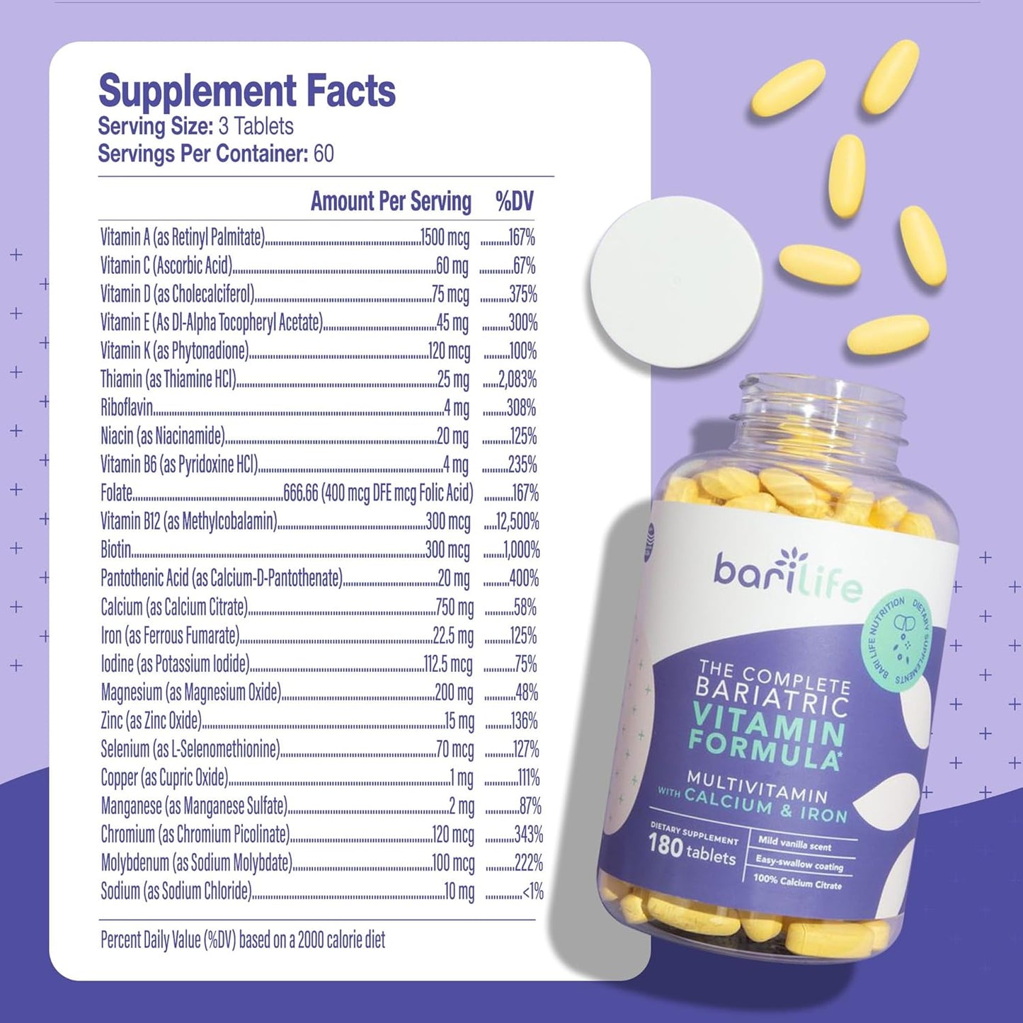 180 Non-Chewable Bariatric Multivitamin Tablets with Calcium Citrate and Iron - Bari Life Complete