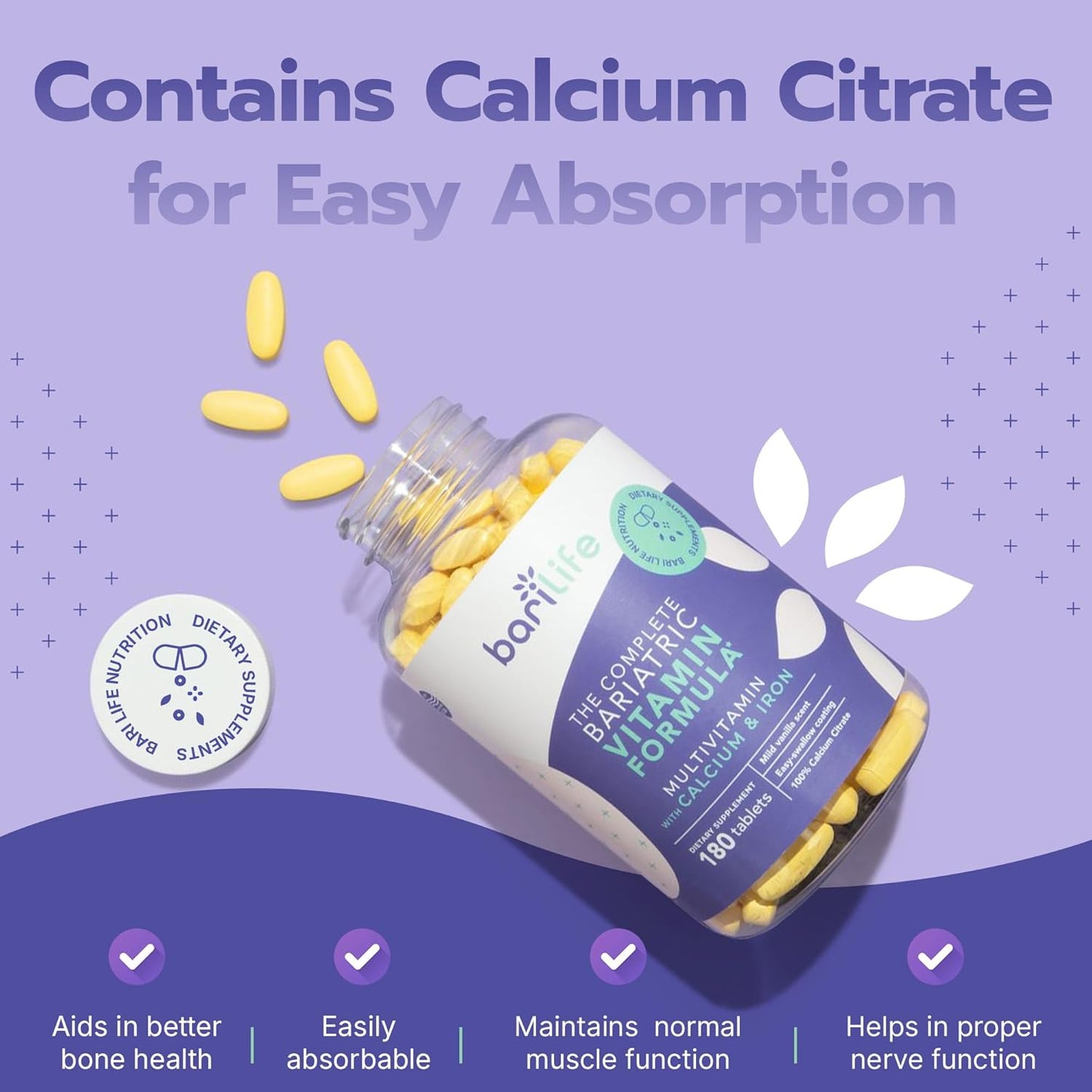 180 Non-Chewable Bariatric Multivitamin Tablets with Calcium Citrate and Iron - Bari Life Complete