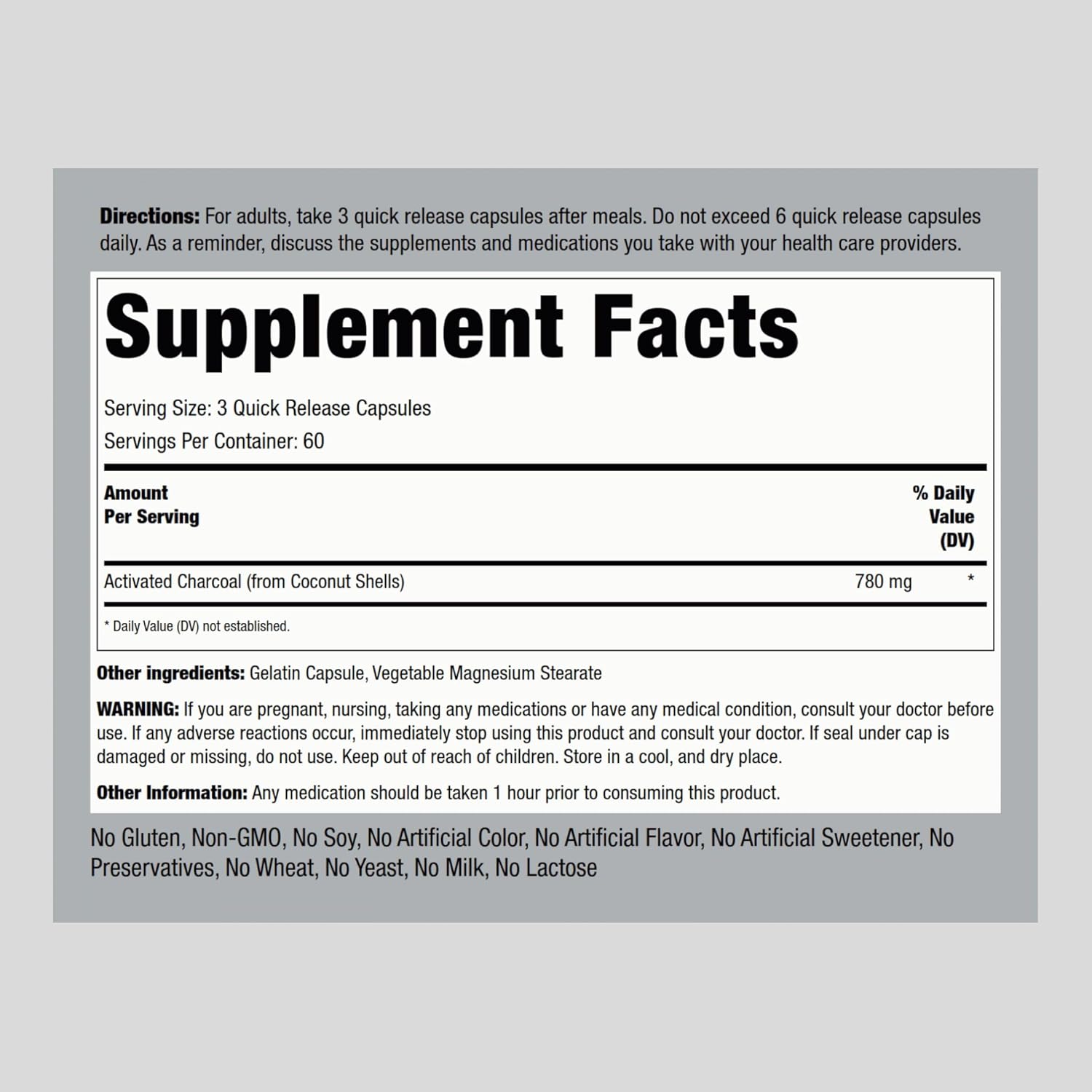 180 Non-GMO Activated Charcoal Pills 780mg from Coconut Shells - Gluten Free Supplement