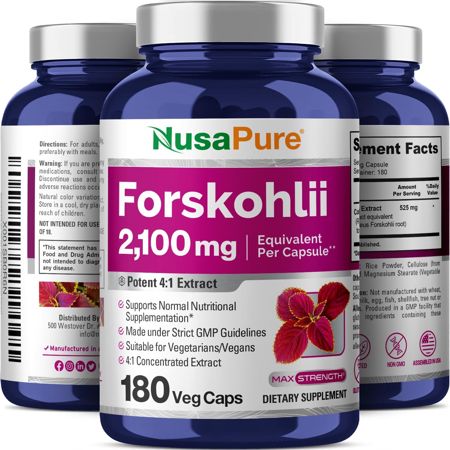 180 Non-GMO Gluten Free Forskohlii 2100mg Veg Caps by NusaPure