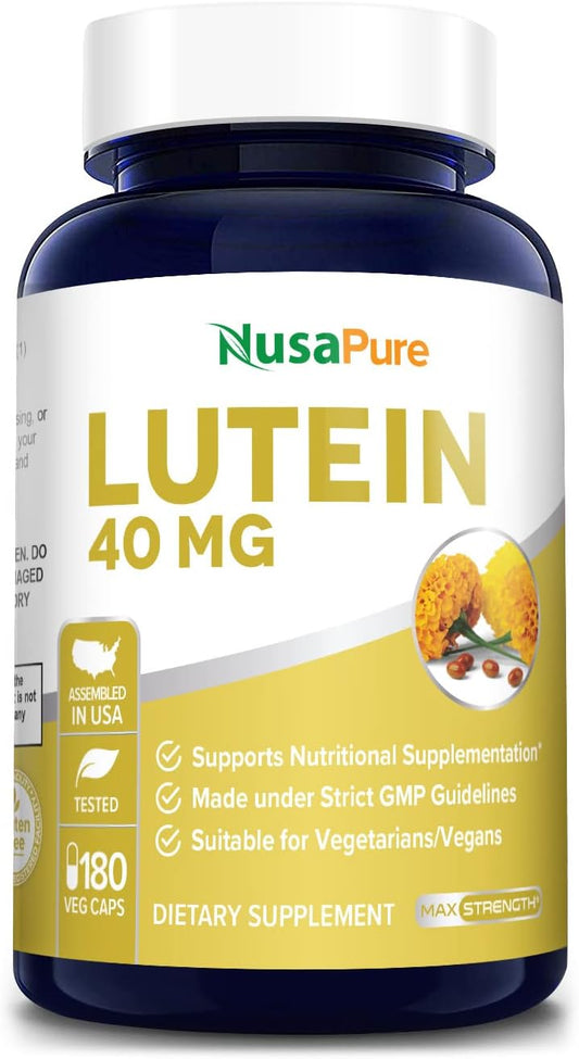 180 Non-GMO Lutein 40mg Veggie Capsules by NusaPure - Gluten Free