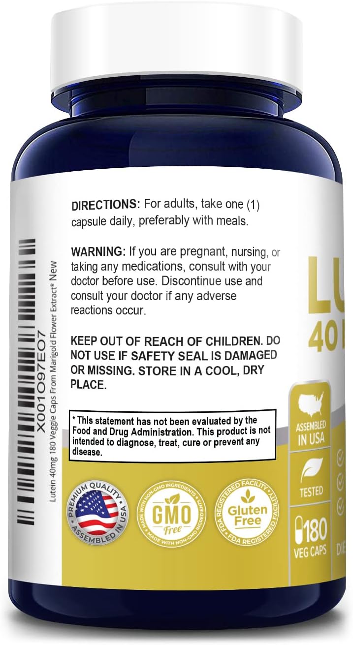 180 Non-GMO Lutein 40mg Veggie Capsules by NusaPure - Gluten Free