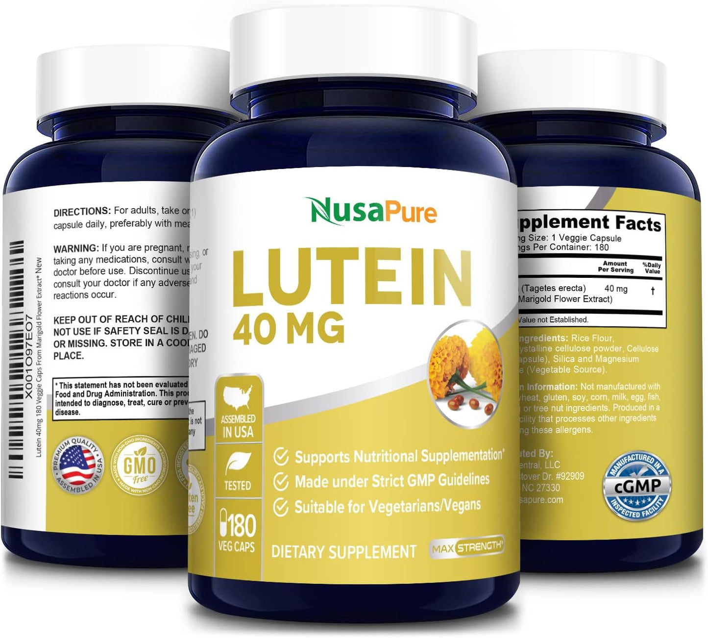 180 Non-GMO Lutein 40mg Veggie Capsules by NusaPure - Gluten Free