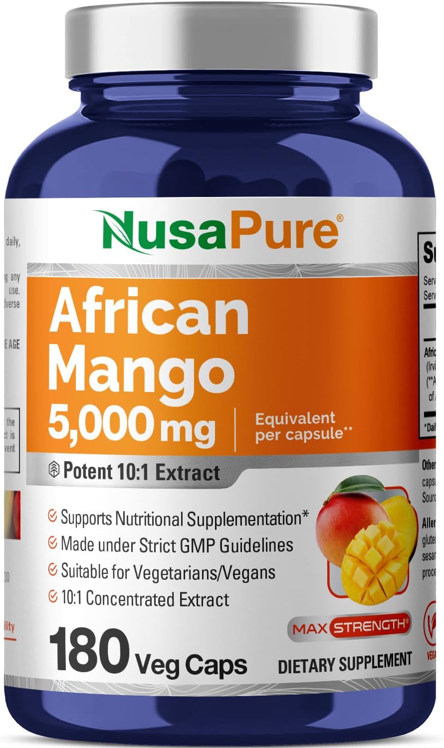 180 Non-GMO Vegan Capsules of NusaPure African Mango Extract 5,000 mg per Caps - Natural Weight Management Supplement