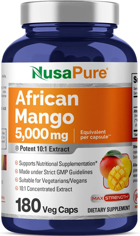 180 Non-GMO Vegan Capsules of NusaPure African Mango Extract 5,000 mg per Caps - Natural Weight Management Supplement