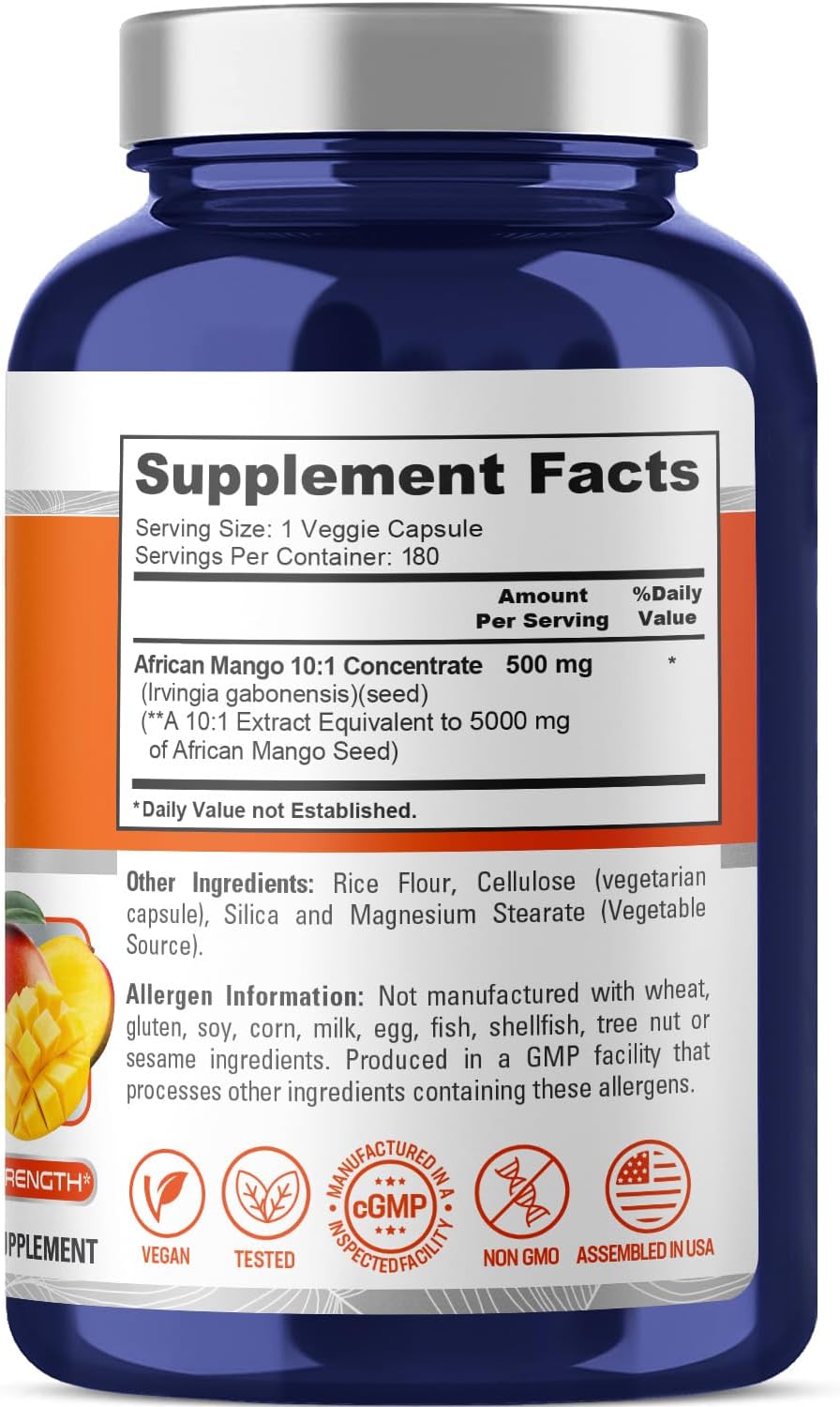 180 Non-GMO Vegan Capsules of NusaPure African Mango Extract 5,000 mg per Caps - Natural Weight Management Supplement