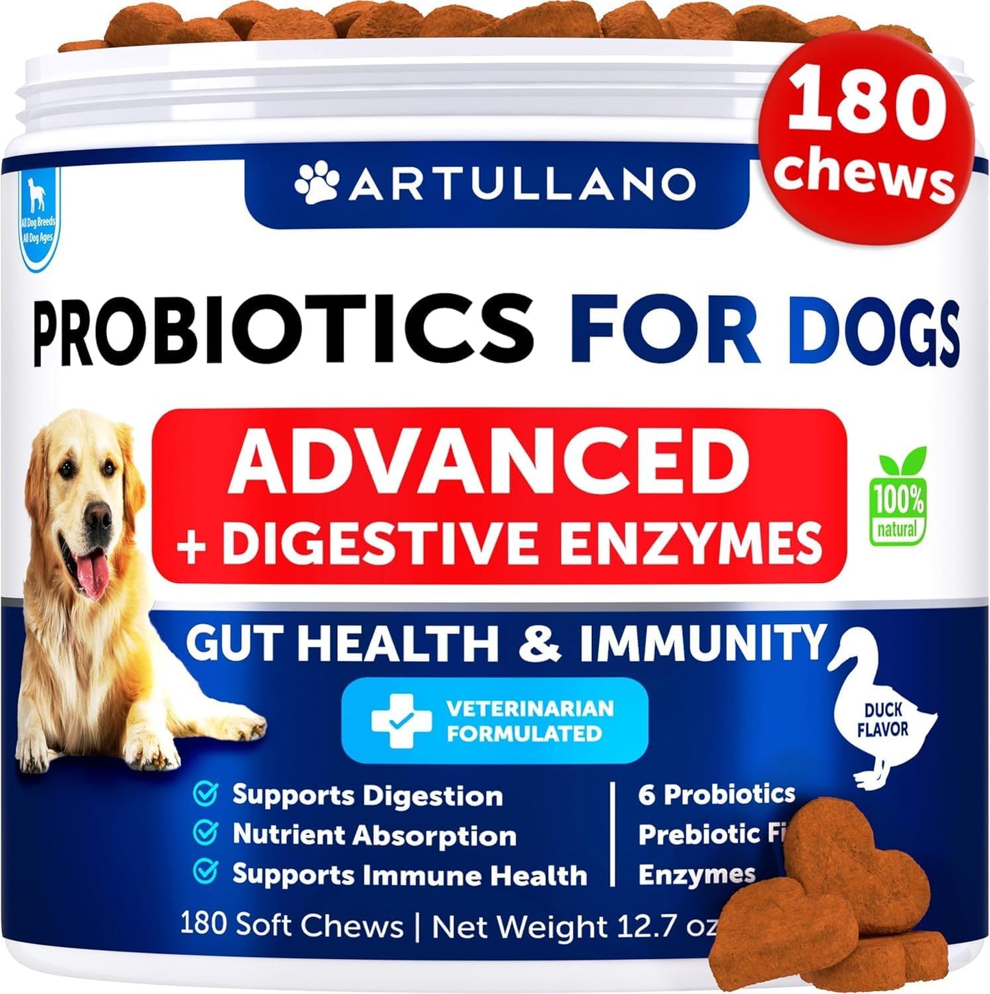 180 Probiotic Chews for Dogs - Supports Gut Health, Skin, Allergies, Immunity - Dog Probiotics with Digestive Enzymes - Relieve Diarrhea, Gas - Artullano
