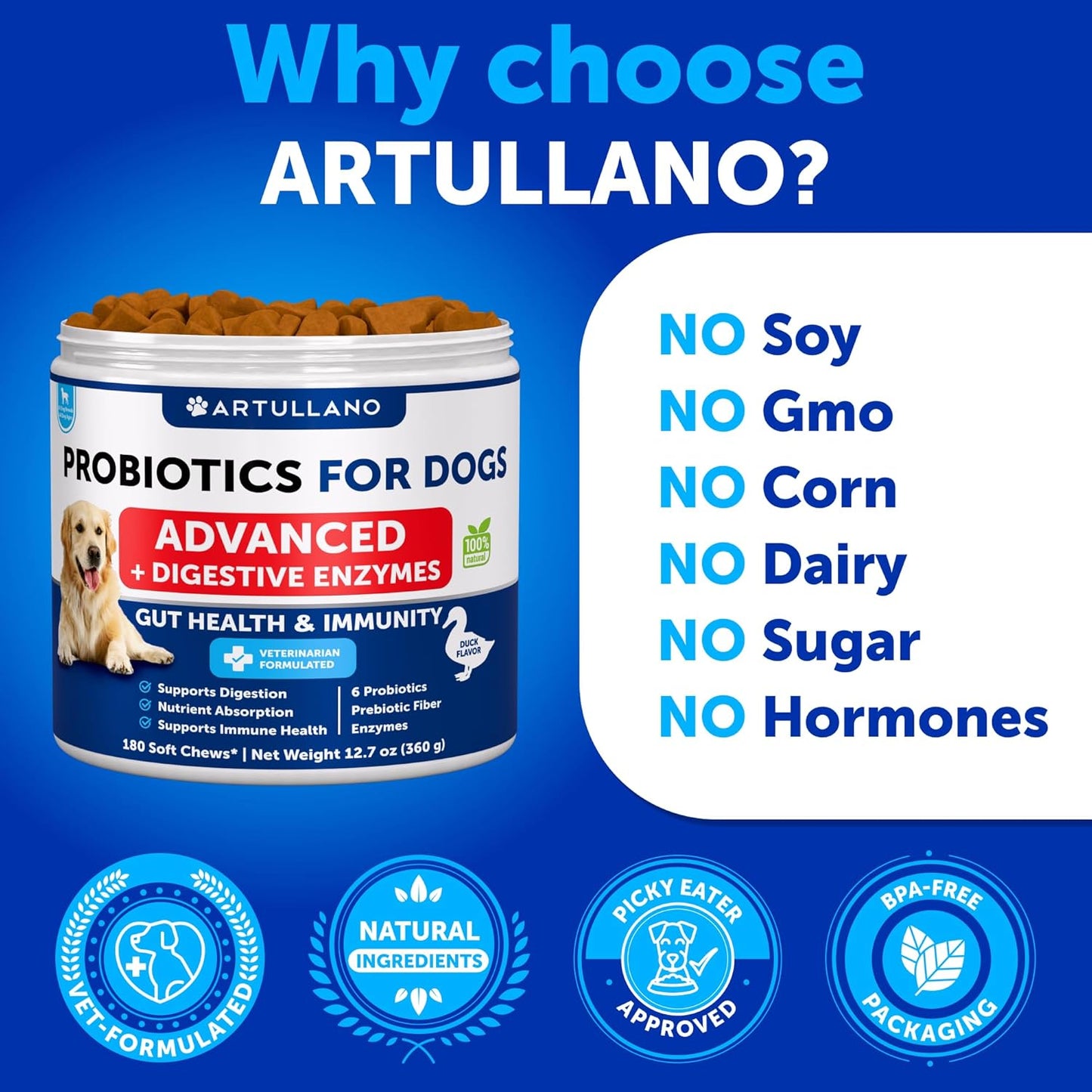 180 Probiotic Chews for Dogs - Supports Gut Health, Skin, Allergies, Immunity - Dog Probiotics with Digestive Enzymes - Relieve Diarrhea, Gas - Artullano