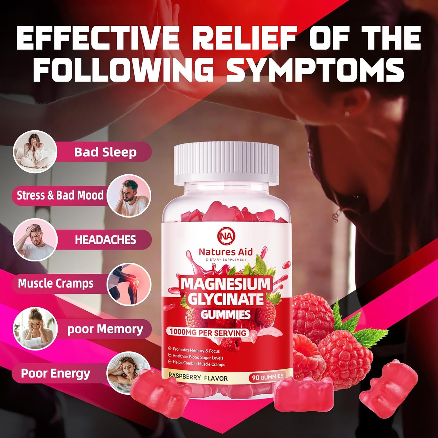 180 Raspberry Magnesium Glycinate Gummies - Sugar Free Supplement with Vitamin D, B6, CoQ10 for Calm Mood & Sleep Support.