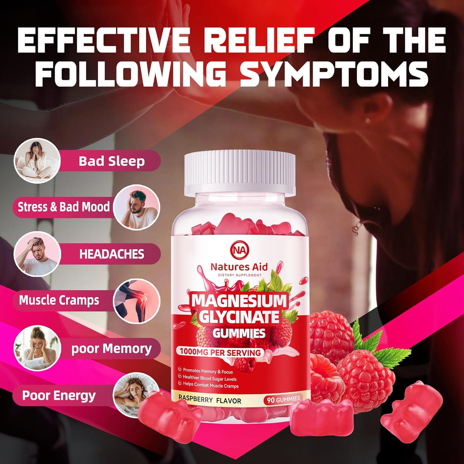 180 Raspberry Magnesium Glycinate Gummies - Sugar Free Supplement with Vitamin D, B6, CoQ10 for Calm Mood & Sleep Support.