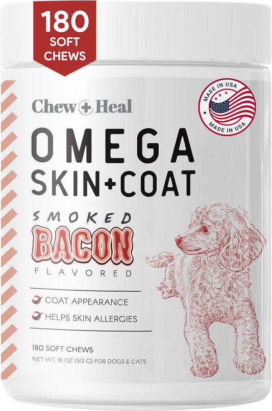 180 Soft Chew Salmon Oil Treats for Dogs - Skin & Coat Health, Itch Relief - Fish Oil Blend with Omega 3, 6, 9, Vitamins - Smoked Bacon Flavor