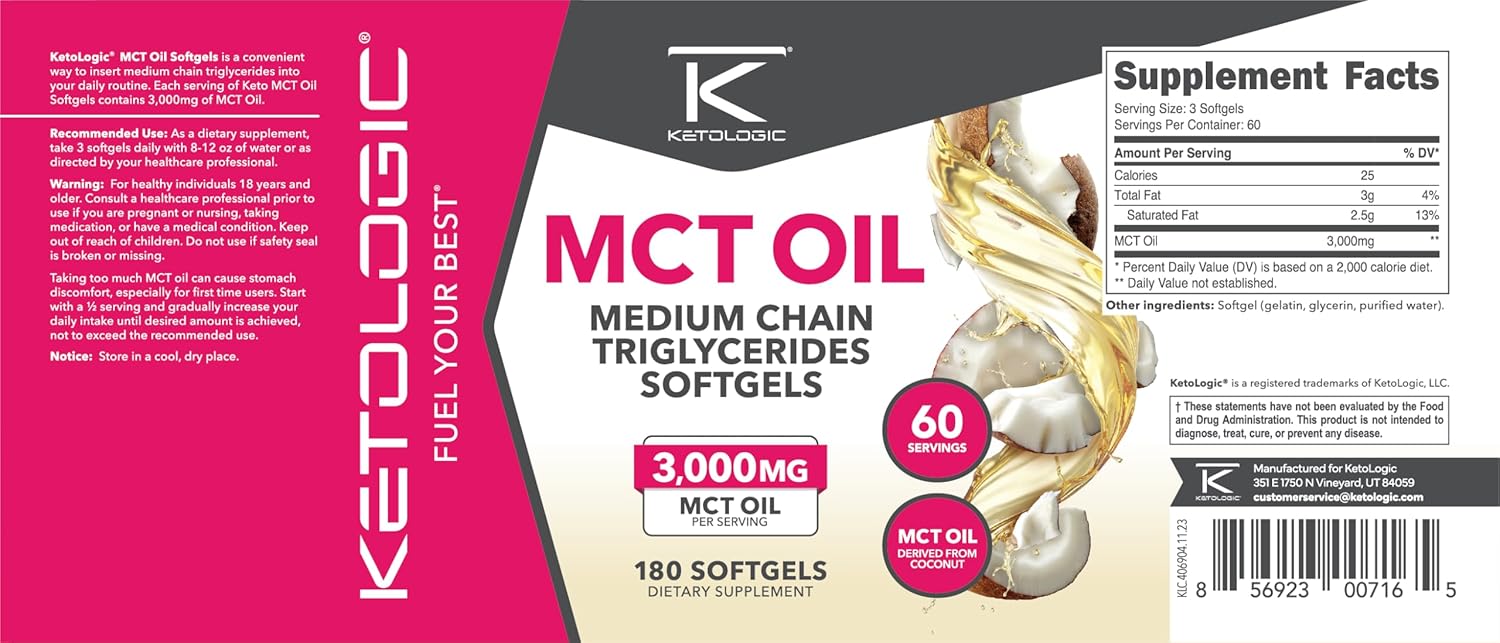 180 Softgel Ketologic MCT Oil - 60 Servings (3,000MG MCT Oil per Serving)