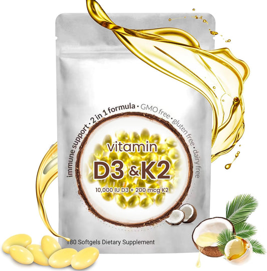 180 Softgel Podafu 2-in-1 Vitamin D3 K2 Supplement, 10000 IU VIT D3 + 200 MCG K2, GMO-Free for Enhanced Calcium Absorption