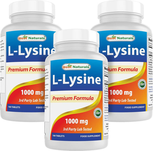 180 Tablets of Best Naturals L-Lysine 1000mg - Pack of 3 Bottles