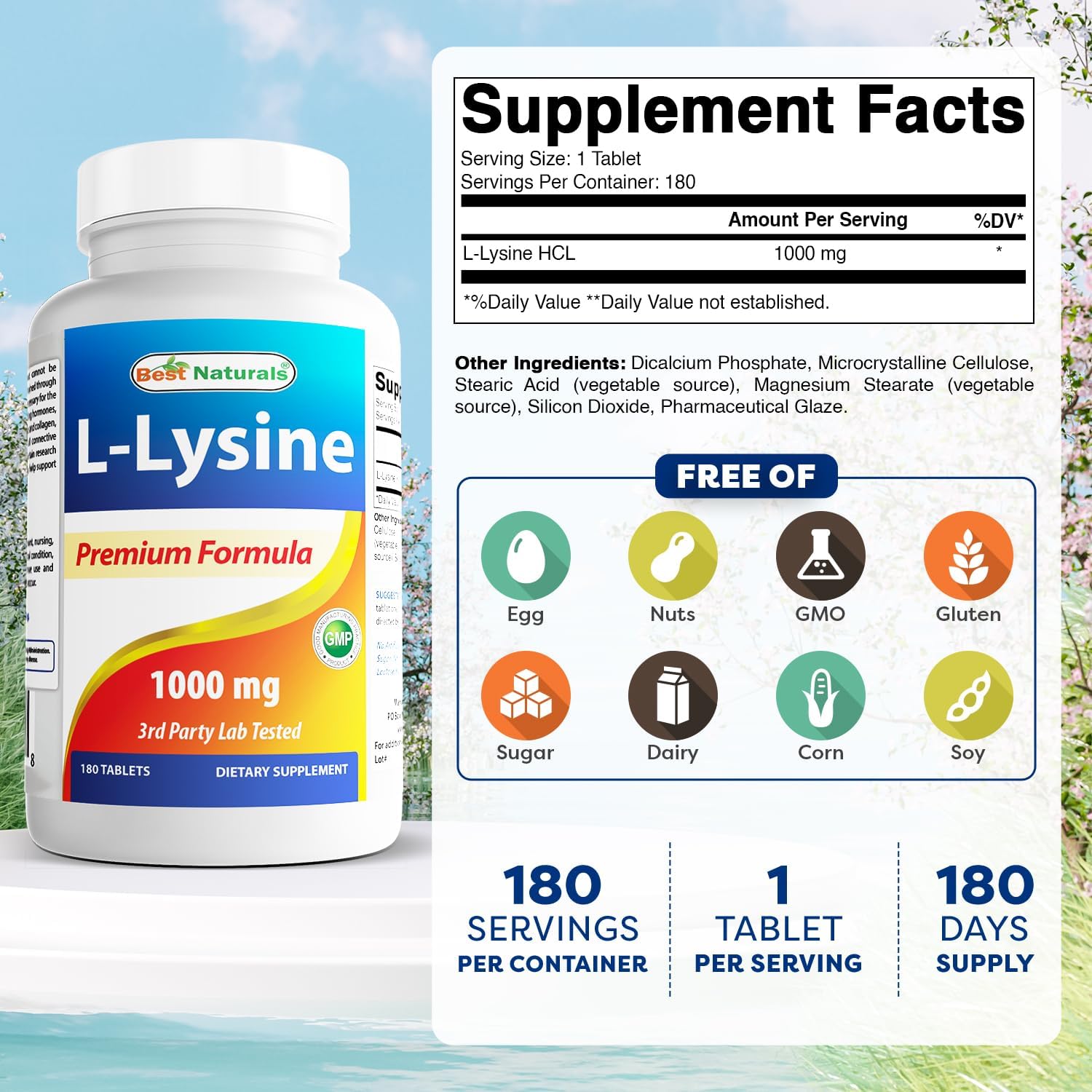 180 Tablets of Best Naturals L-Lysine 1000mg - Pack of 3 Bottles