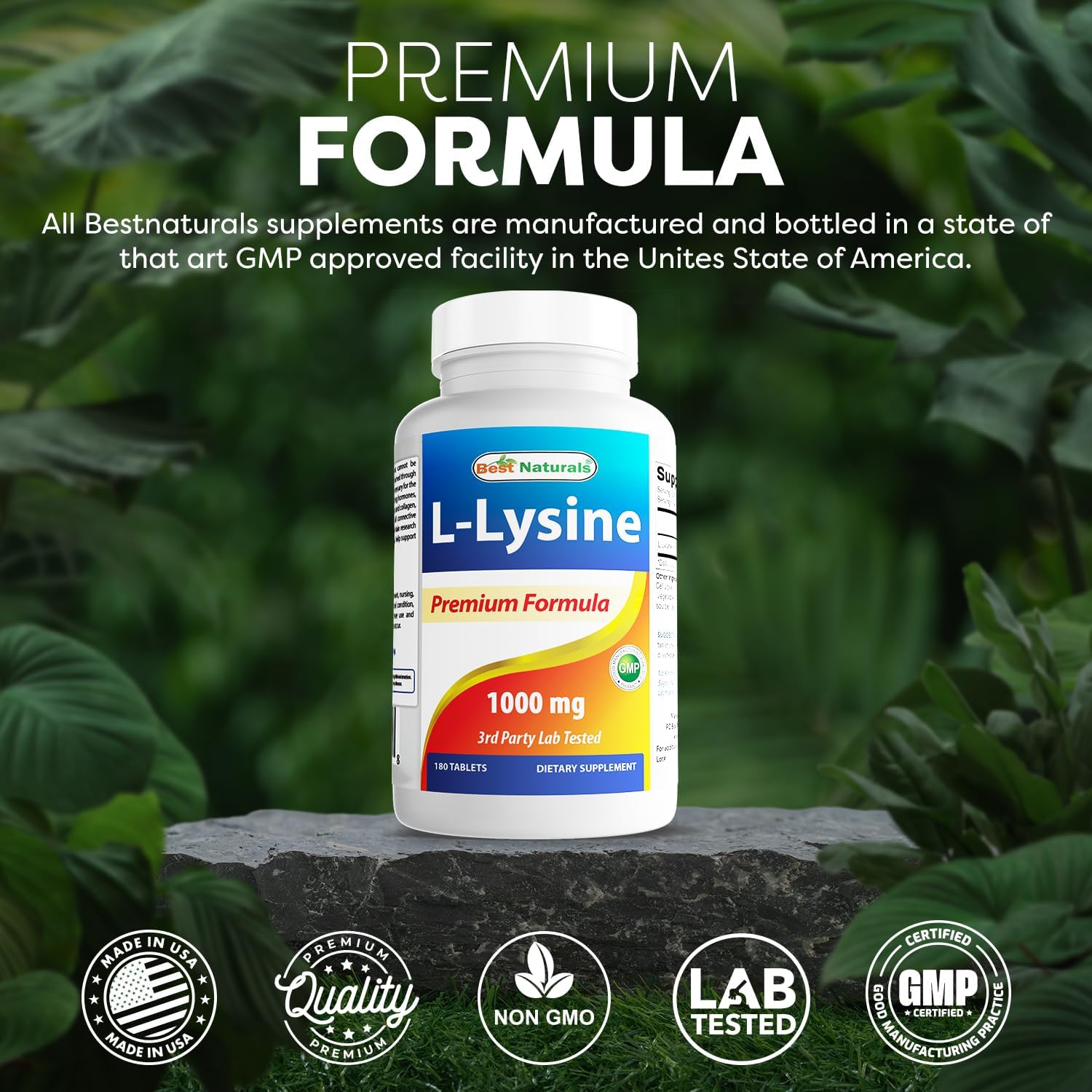 180 Tablets of Best Naturals L-Lysine 1000mg - Pack of 3 Bottles
