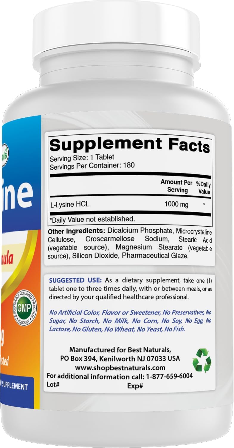180 Tablets of Best Naturals L-Lysine 1000mg - Pack of 3 Bottles