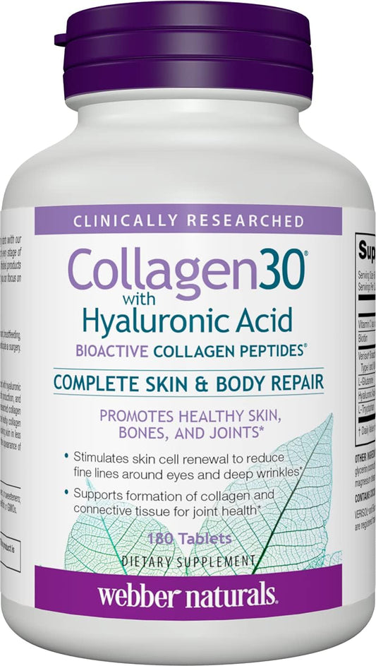 180 Tablets of Webber Naturals Collagen30 with Hyaluronic Acid - Reduces Joint Pain, Eye Wrinkles, Fine Lines - Non GMO