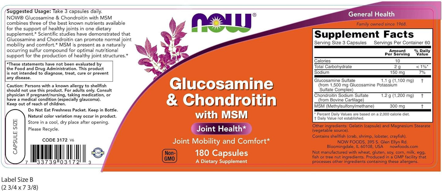 180 Veg Capsules NOW Foods Glucosamine, Chondroitin, MSM Supplement for Joint Health