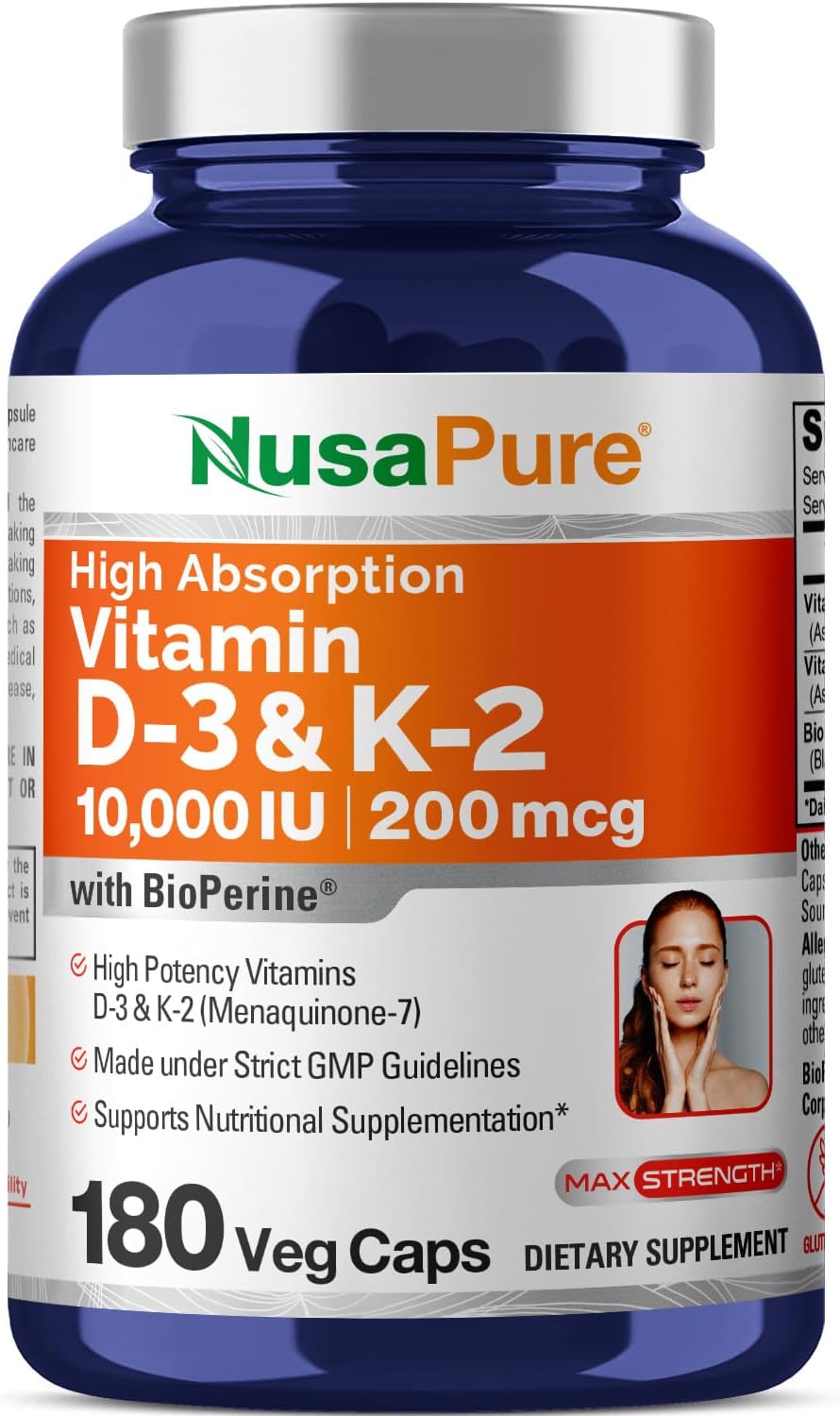 180 Veg Capsules NusaPure Vitamin K2 (MK7) and Vitamin D3 Supplement with 200mcg and 10000 IU respectively - Enhanced with Bioperine, Soy-Free, Non-GMO - BoostGo Australia