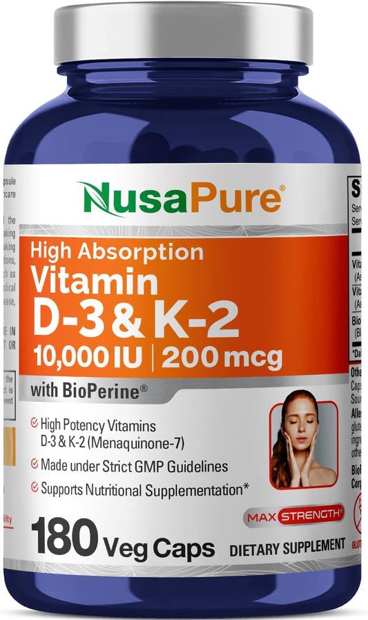 180 Veg Capsules NusaPure Vitamin K2 (MK7) and Vitamin D3 Supplement with 200mcg and 10000 IU respectively - Enhanced with Bioperine, Soy-Free, Non-GMO - BoostGo Australia