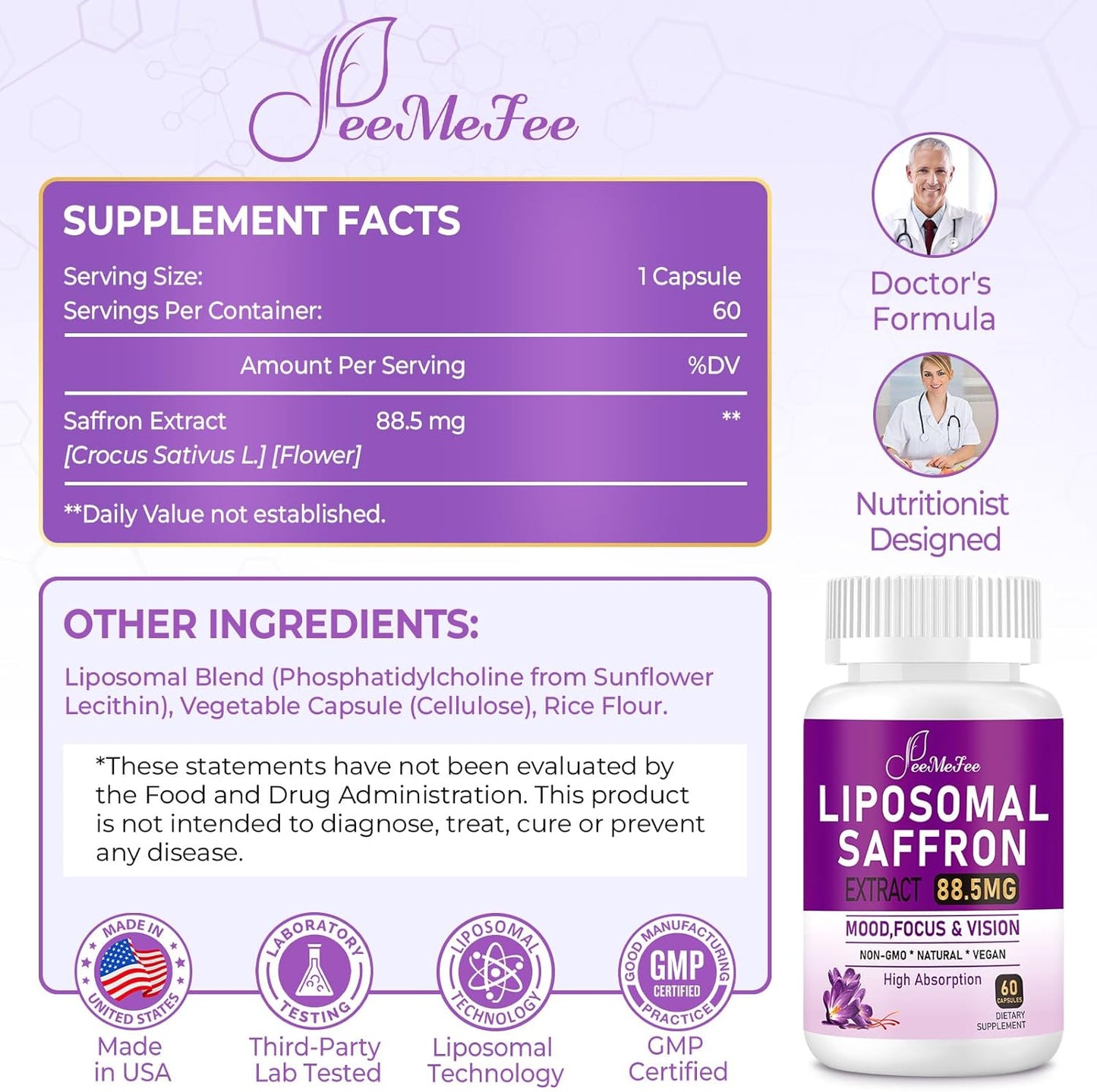180 Vegan Capsules Liposomal Saffron Supplements for Mood, Energy & Vision - 100% Pure Saffron Extract 88.5mg - Superior Absorption - Made in USA