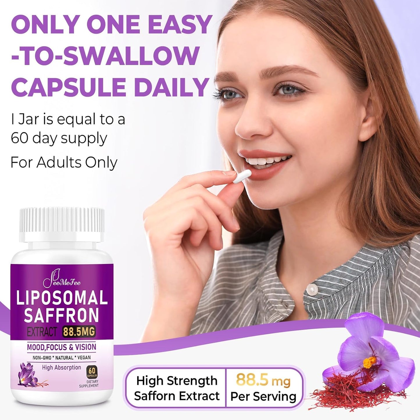 180 Vegan Capsules Liposomal Saffron Supplements for Mood, Energy & Vision - 100% Pure Saffron Extract 88.5mg - Superior Absorption - Made in USA