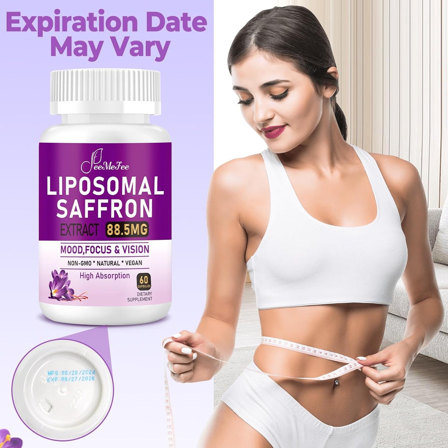 180 Vegan Capsules Liposomal Saffron Supplements for Mood, Energy & Vision - 100% Pure Saffron Extract 88.5mg - Superior Absorption - Made in USA