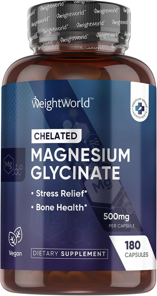 180 Vegan Capsules of 500mg Magnesium Glycinate for High Absorption - Gluten-Free Supplement (6 Months Supply) by WeightWorld