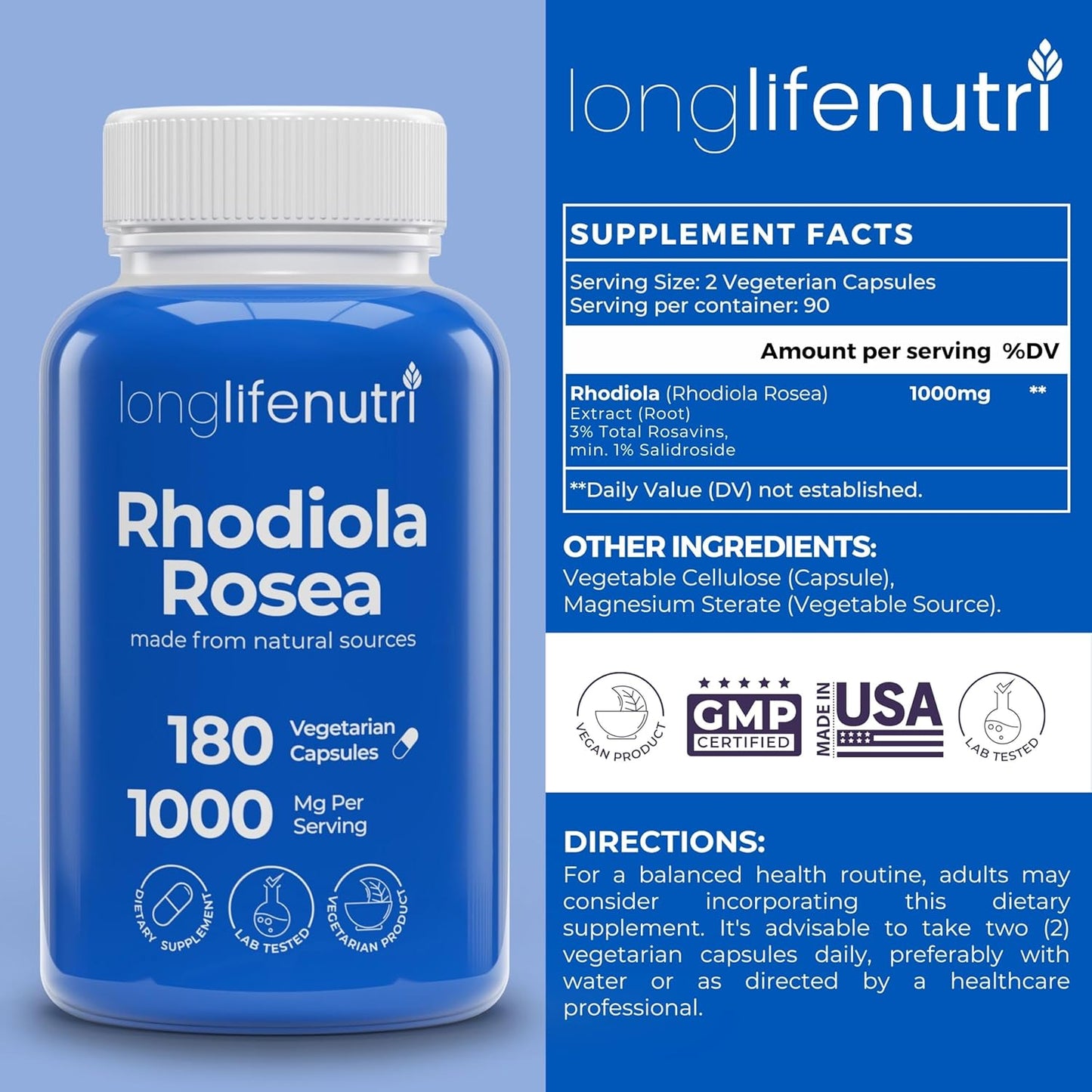180 Vegetarian Capsules of LongLifeNutri Rhodiola Rosea 500mg for Mental & Physical Health - Non-GMO, USA Made, 3-Month Supply