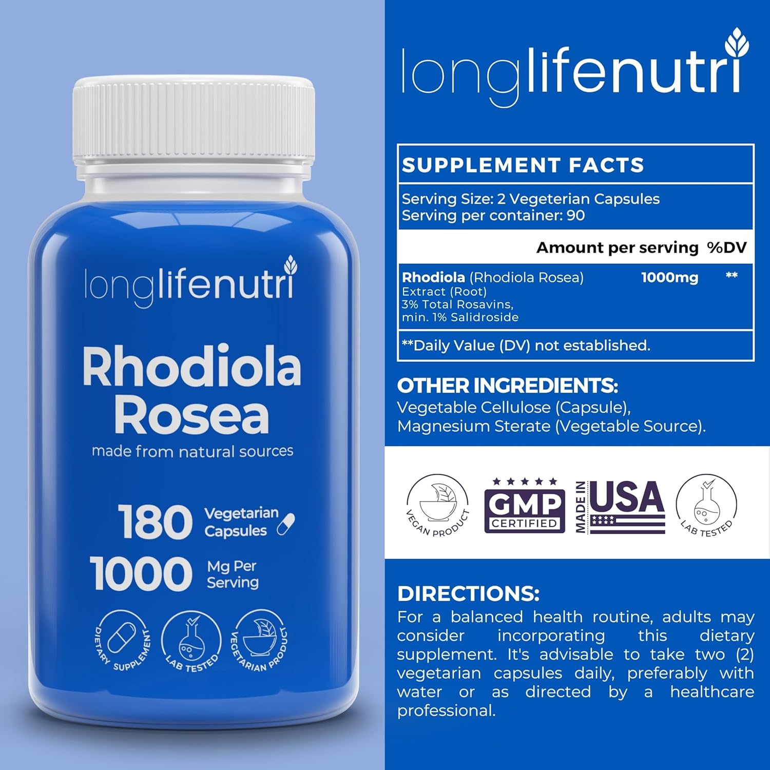 180 Vegetarian Capsules of LongLifeNutri Rhodiola Rosea 500mg for Mental & Physical Health - Non-GMO, USA Made, 3-Month Supply