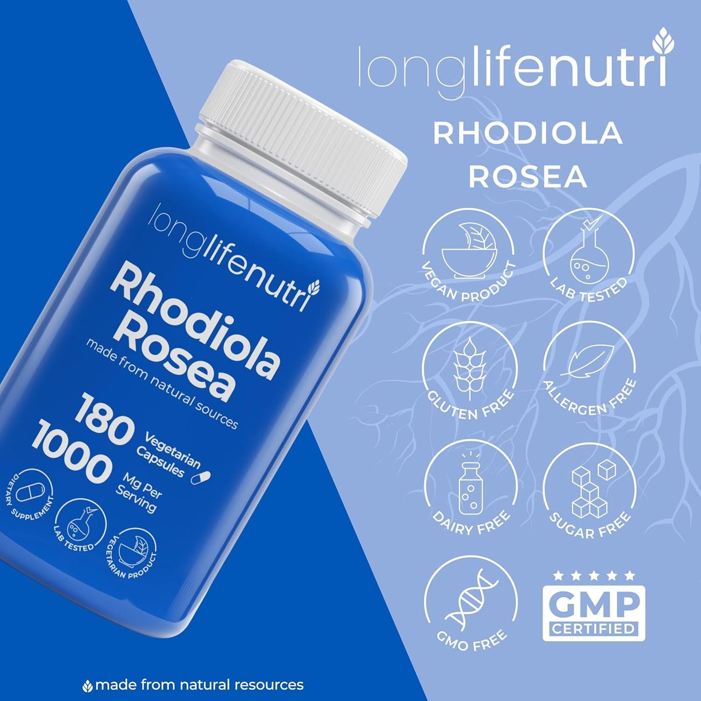 180 Vegetarian Capsules of LongLifeNutri Rhodiola Rosea 500mg for Mental & Physical Health - Non-GMO, USA Made, 3-Month Supply