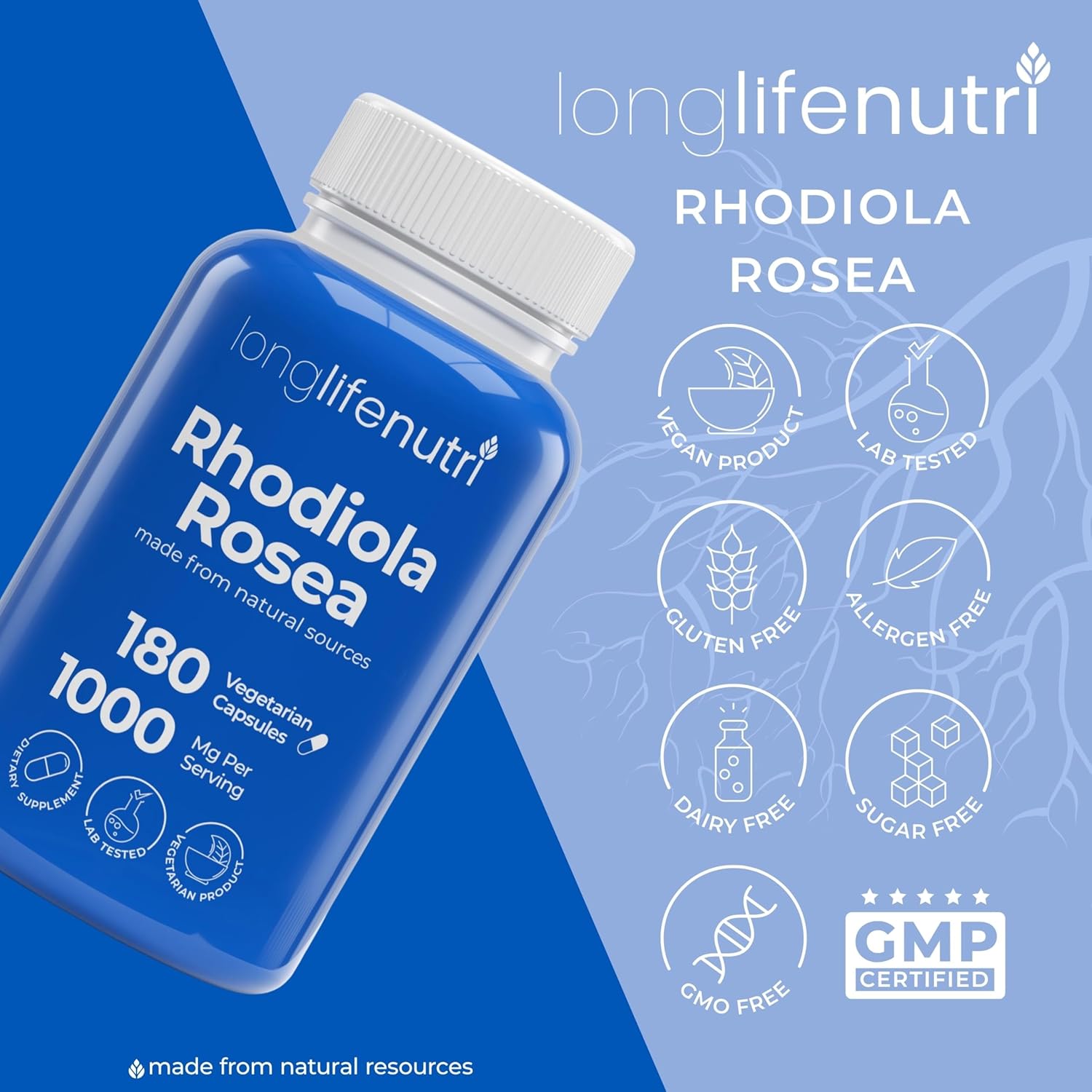 180 Vegetarian Capsules of LongLifeNutri Rhodiola Rosea 500mg for Mental & Physical Health - Non-GMO, USA Made, 3-Month Supply