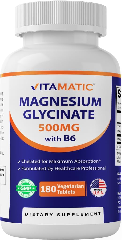 180 Vegetarian Tablets of Vitamatic Magnesium Glycinate with B6 for Muscle, Joint, and Heart Health - 500mg per Tablet - BoostGo Australia