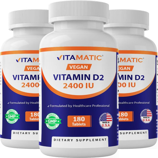 180 Vegetarian Tablets of Vitamatic Vitamin D2 60 mcg (2400 IU) - Ergocalciferol - Pack of 3 Bottles