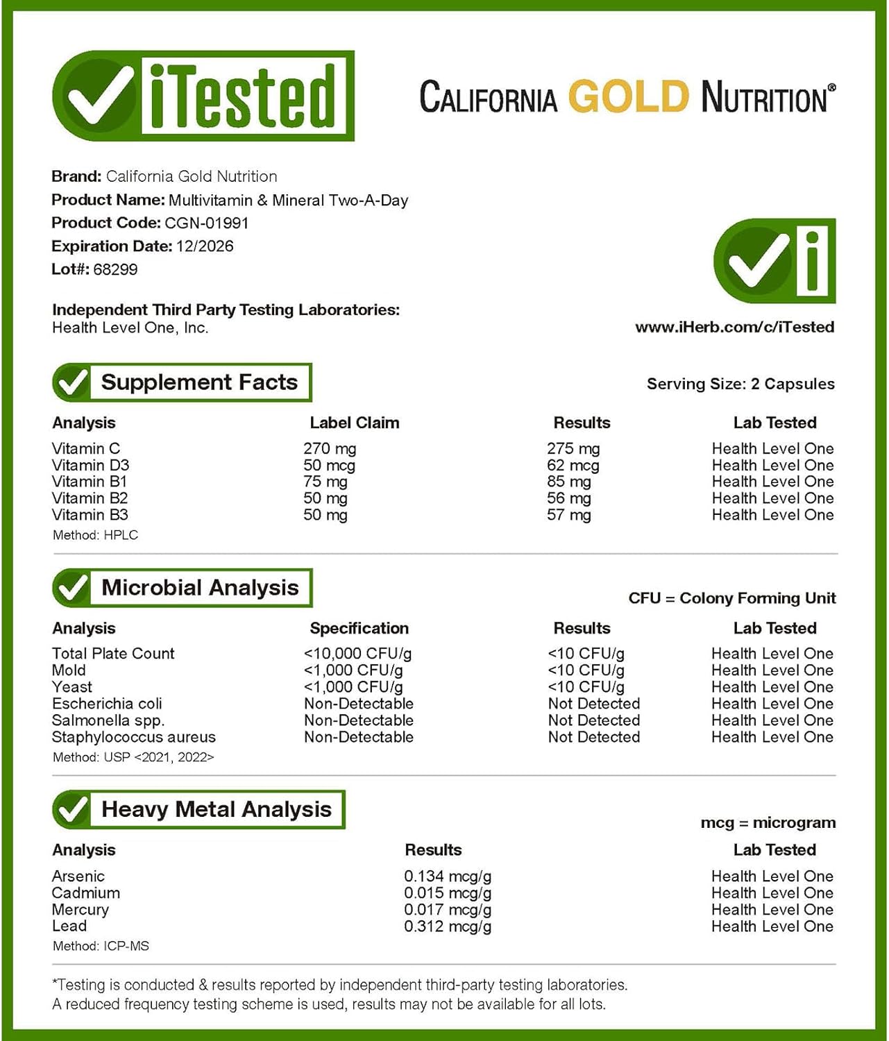 180 Veggie Capsules California Gold Nutrition Multivitamin and Mineral, Two-A-Day Formula