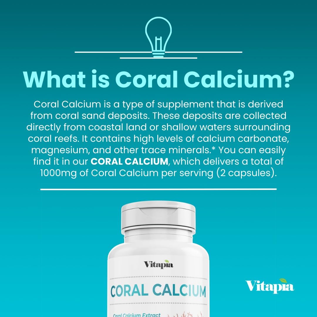 180 Veggie Capsules of Vitapia Coral Calcium Powder 1000mg - Non-GMO & Gluten-Free Supplement for Bone Health, PH Balance, and Trace Minerals Support