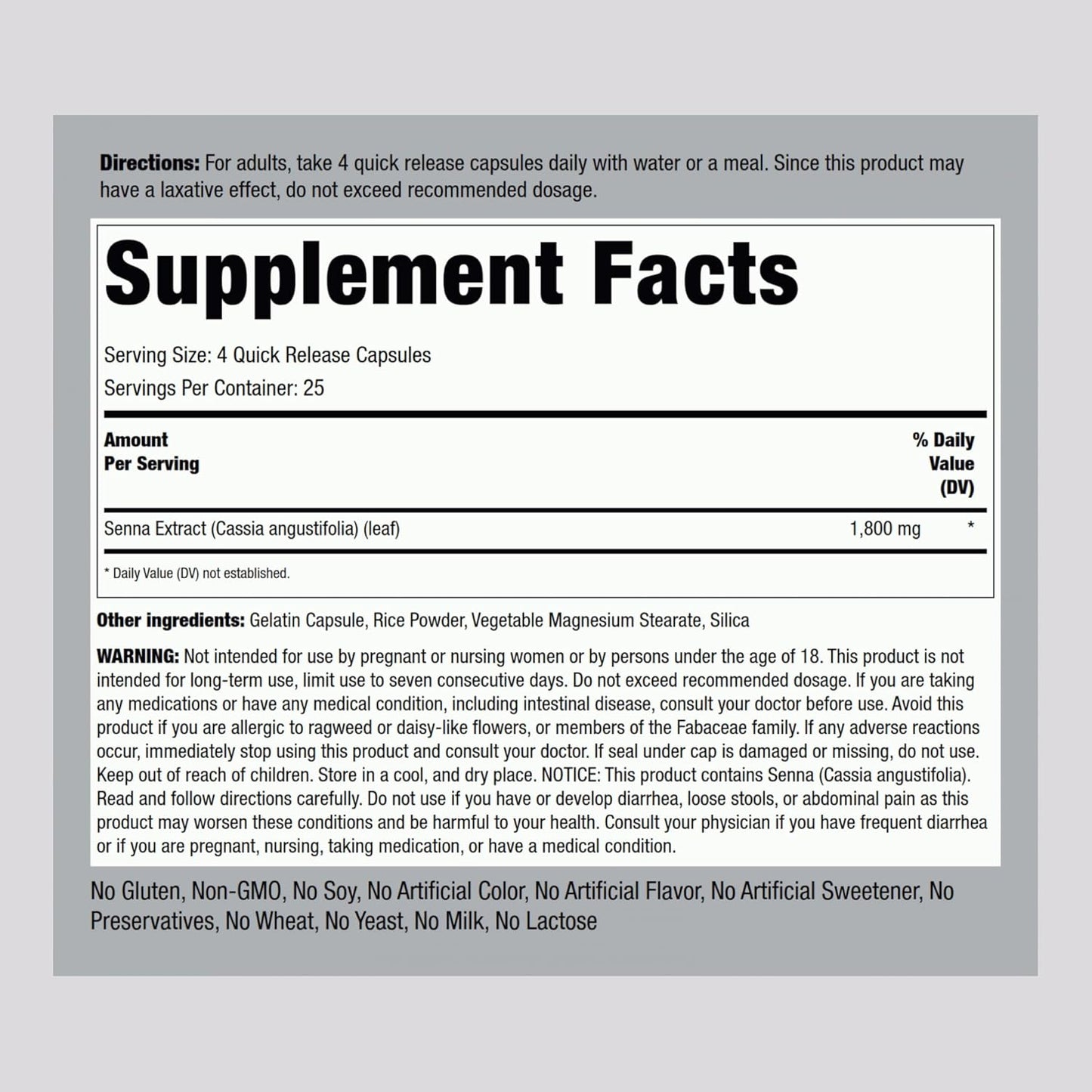 1800 mg Senna Leaves Capsules - 100 Count | Non-GMO and Gluten Free Supplement by Piping Rock