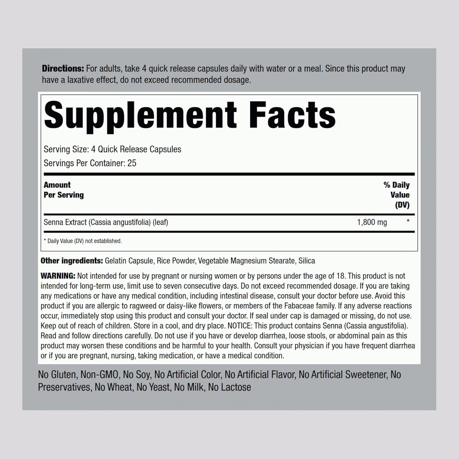 1800 mg Senna Leaves Capsules - 100 Count | Non-GMO and Gluten Free Supplement by Piping Rock