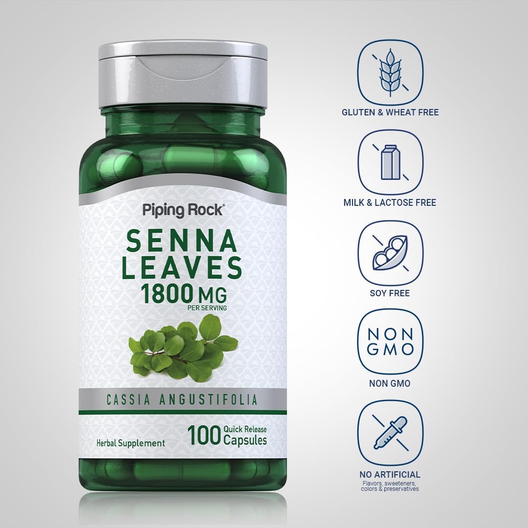 1800 mg Senna Leaves Capsules - 100 Count | Non-GMO and Gluten Free Supplement by Piping Rock