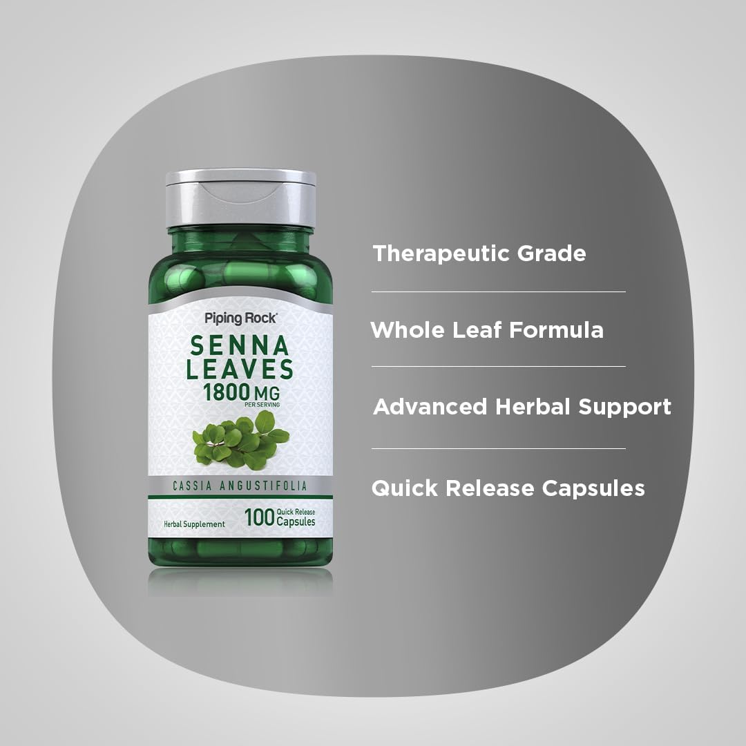 1800 mg Senna Leaves Capsules - 100 Count | Non-GMO and Gluten Free Supplement by Piping Rock