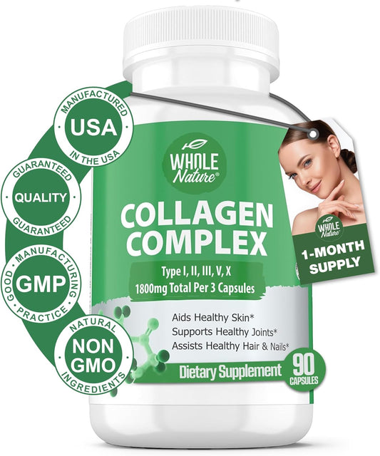1800mg Multi Collagen Protein Capsules - Types I, II, III, V, X - Joint Support, Hair, Skin, Nails - 100% Natural, Non-GMO - 90 Count
