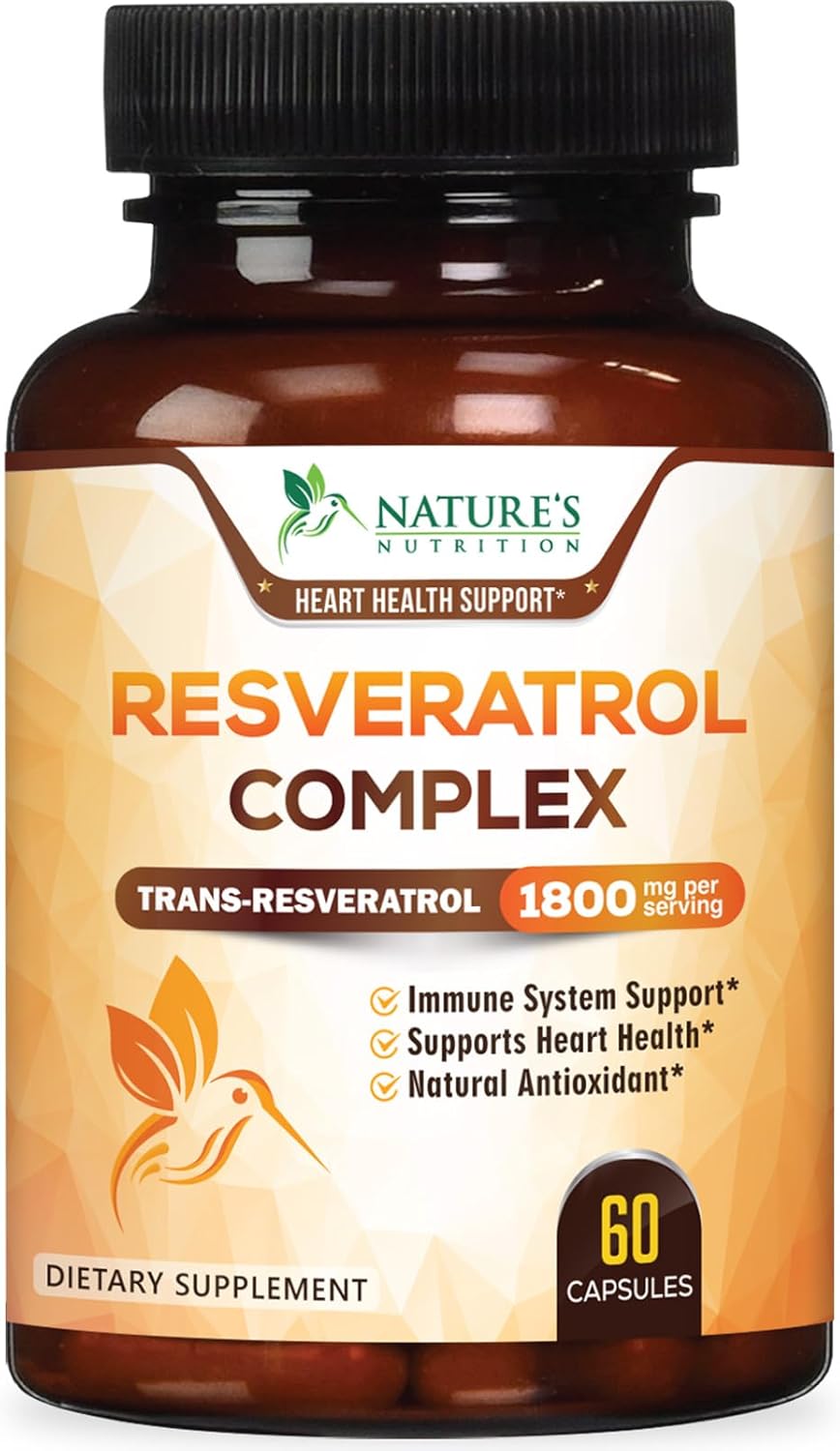 1800mg Nature's Nutrition Resveratrol Supplement for Healthy Aging, Immune & Heart Support - Non-GMO, Bioavailable Trans-Resveratrol - 60 Vegan Capsules