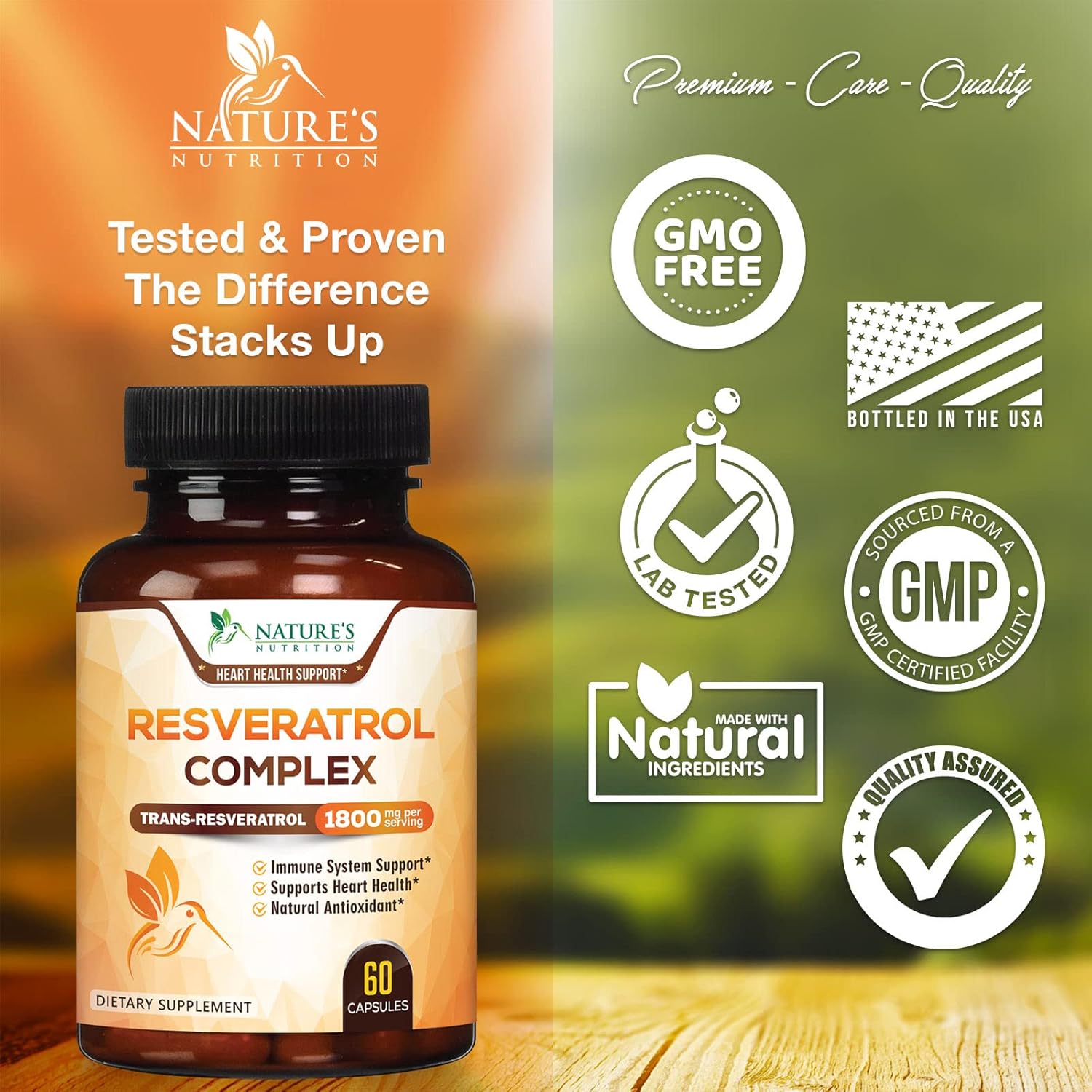 1800mg Nature's Nutrition Resveratrol Supplement for Healthy Aging, Immune & Heart Support - Non-GMO, Bioavailable Trans-Resveratrol - 60 Vegan Capsules